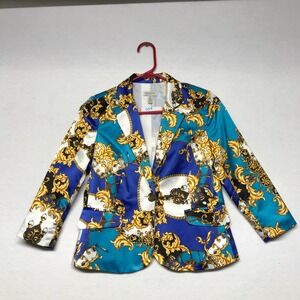 Madison Petite Baroque Print Blazer Jacket Blue Gold Teal White